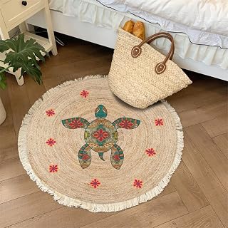 Aniyan Handgewebter Baumwollteppich Rund Boho Stil mit Fransen, Geflochtener Teppich Waschbar Faltbar, Weicher Teppich für Wohnzimmer Schlafzimmer Küche Flur (Ø 60cm,Muster F)