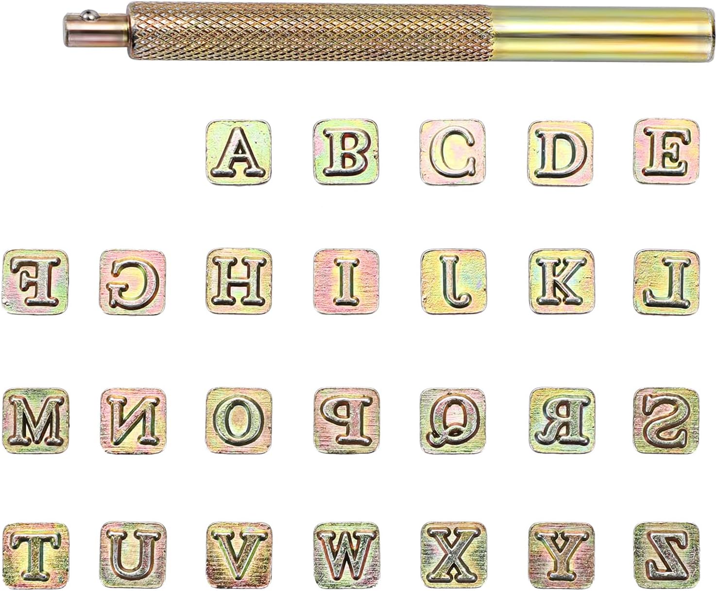 OwnMy 27PCS Leather Stamping Tools Kit Includes 26PCS 8mm Capital Letters Alphabet Stamps and 1 Steel Punch Handle, Metal Leathercarft Embossing Stamp Tools for Leather Art Crafts Marking/Working