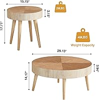 Vista 2 de Juego de 2 mesas de centro redondas anidables de AVZEAR, mesa de café moderna de estilo granja, mesas anidables de madera natural estilo boho, mesa