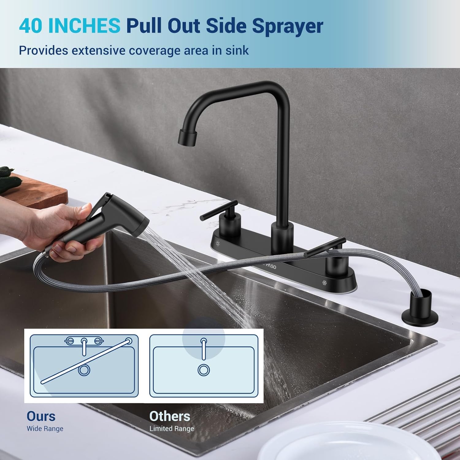 APPASO Black Kitchen Faucet with Side Sprayer, Matte Black Kitchen Sink Faucet with Sprayer, Stainless Steel 4 Hole Kitchen Faucet, 2 Handle Kitchen Sink Faucet 3 Hole with High Right Angle Spout