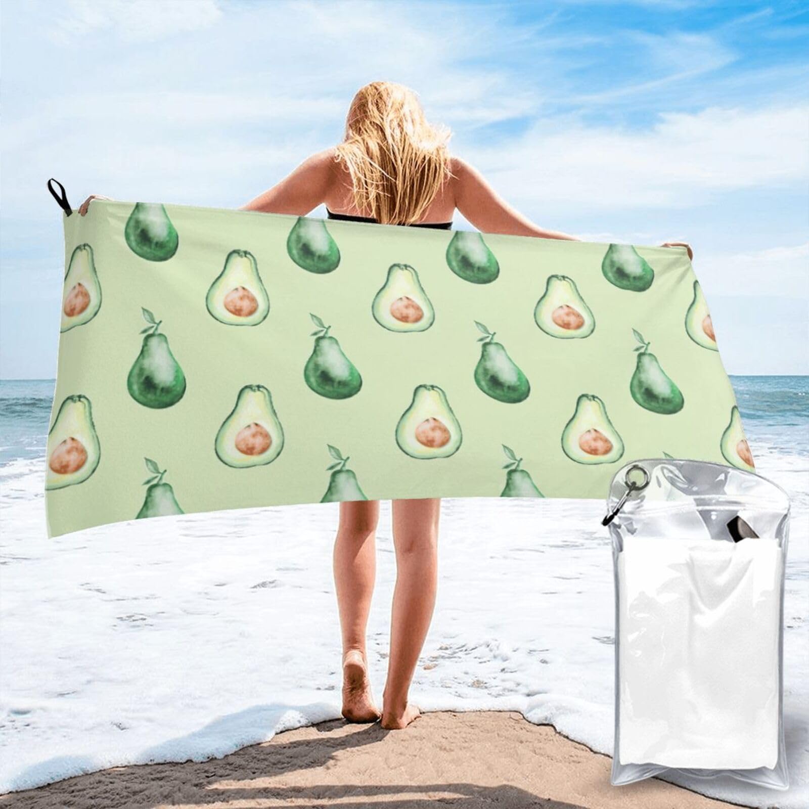 Jiuty White Avocado Pattern Print Fast Dry Beach Towel Portable For Swimming Travel Gym Hiking Gift