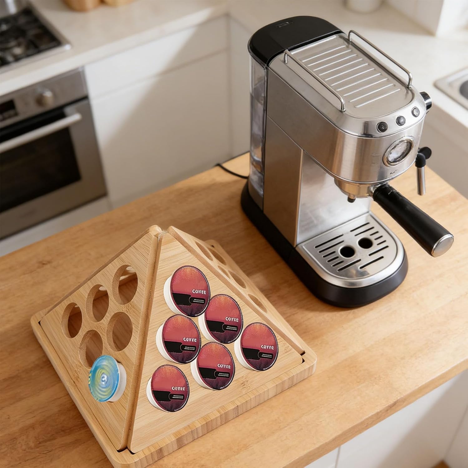 Yosoo Wooden Coffee Capsule Storage Rack, Triangular Rotating Coffee Pod Holder Desktop Capsule Organizer for 24 Pods