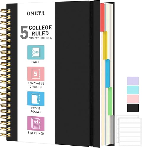 Miniatura 1 de Cuaderno de espiral de 8.5 x 11 pulgadas, cuadernos de 5 materias con rayas universitarias con divisores extraíbles, 300 páginas de 3.53 ozm de
