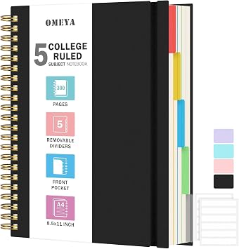 Spiral Notebook 8.5 x 11, 5 Subject Notebooks College Ruled with Dividers | 300 Pages 100GSM Thick Spiral Writing Journal for Women & Men, Large A4 Lined Journal Notebooks for Work, School Supplies