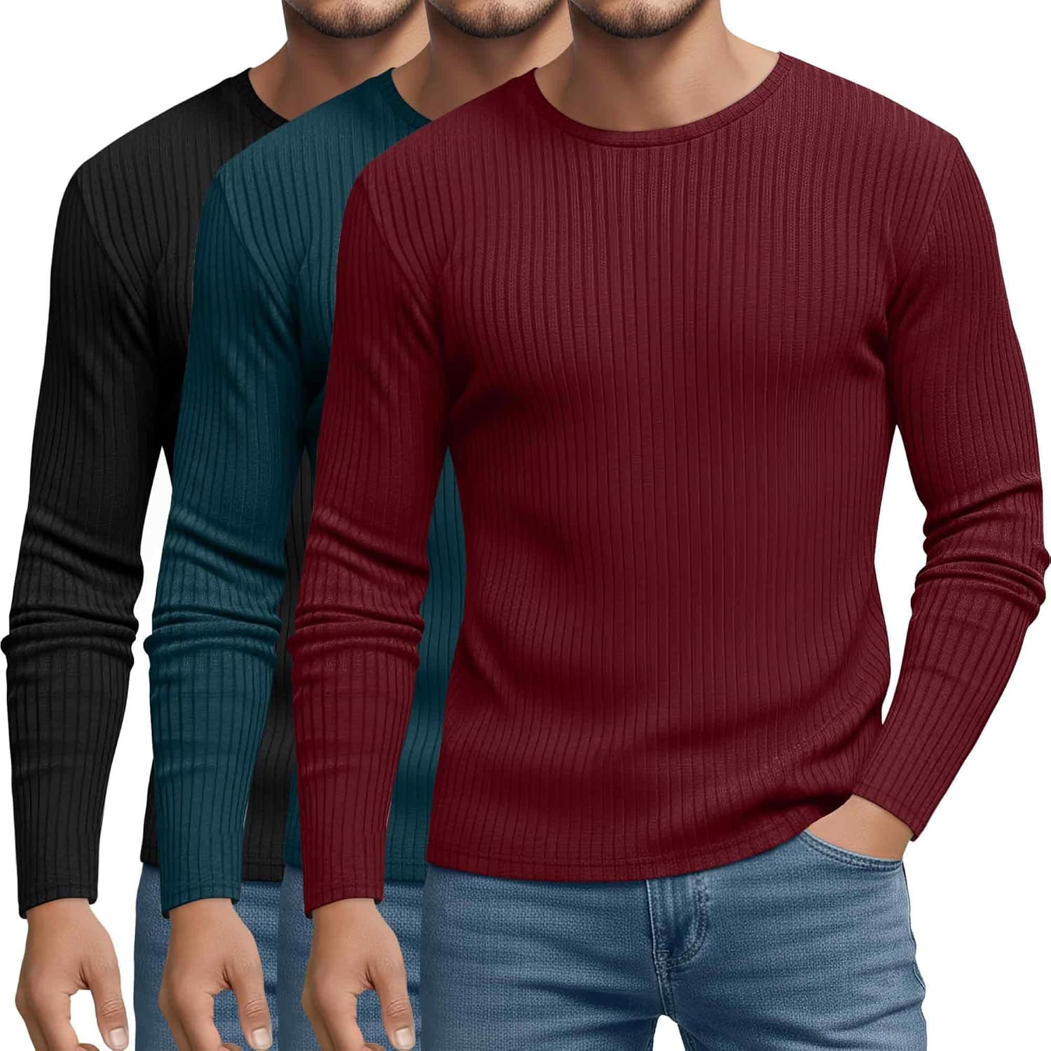 3 Pack Men's Big and Tall Thermal Shirts, Cotton Long Sleeve Ribbed Sweater Crew Neck Knit Pullover Basic Undershirt