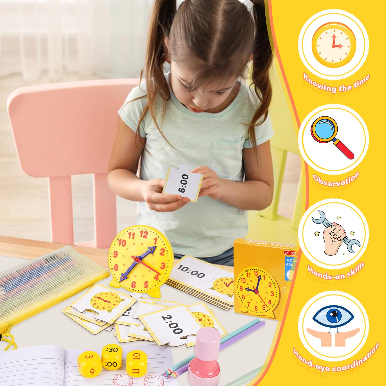 HDHGXUJRD Lernuhr Für Kinder - 12/24 Stunden Uhr Mit Zeitkarten & Stempel Zum Spielerischen Lernen