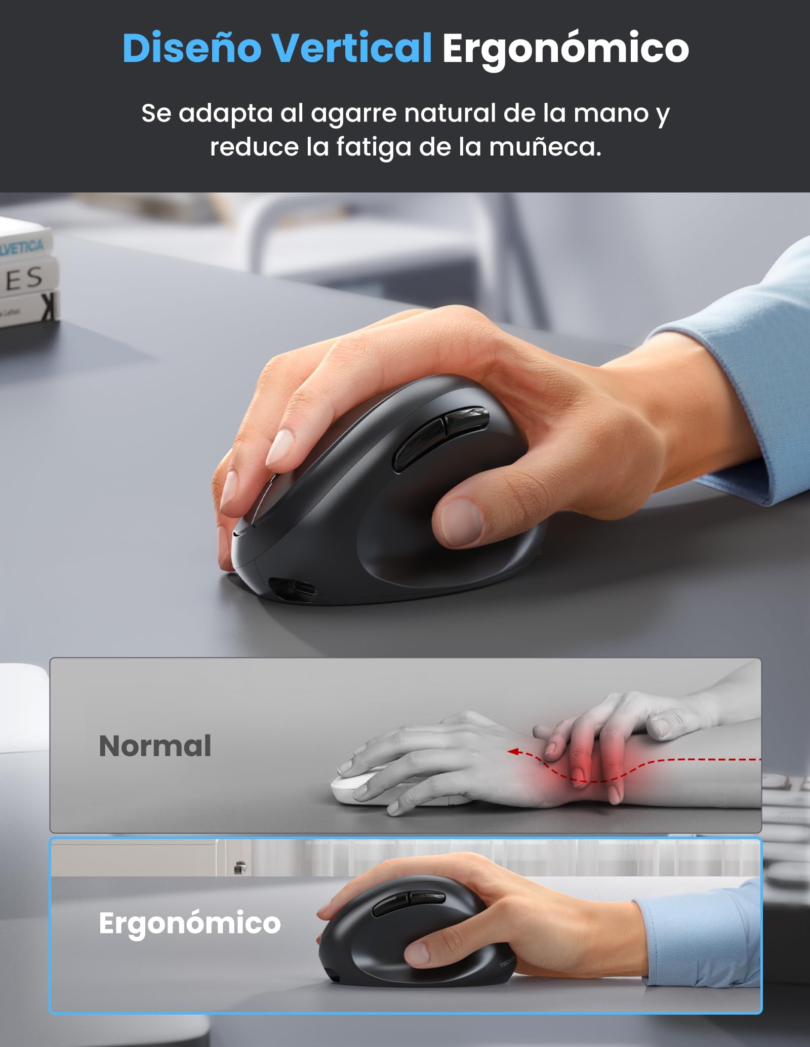 TECKNET Ratón Inalámbrico Bluetooth, Ratón Ergonómico Recargable con 3 Dispositivos (BT 5.0/3.0+2.4G), 4800DPI Ratón Vertical Silencioso para Portátil, Ordenador, iPad, Mac y Windows