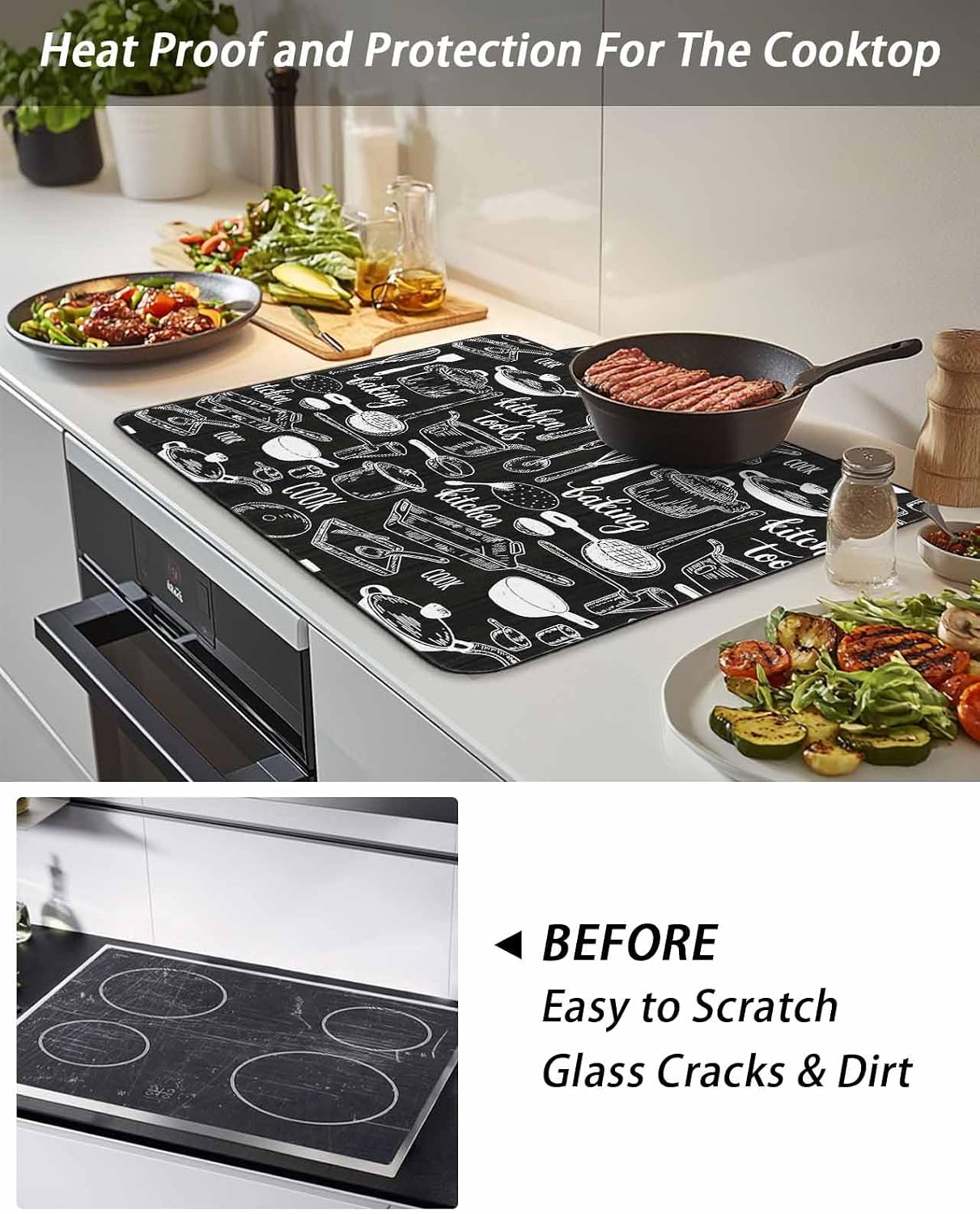 Stove Top Covers for Electric Stove, Black Kitchenware Glass Stovetop Cover Protector, Funny Cook Tools Spoons Forks Induction Cooktop Protector Vintage Oven Mat for Kitchen Countertop 31x24 Inches image 4