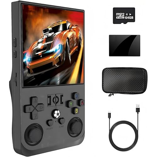 R36MAX 64GB Retro Game Console with 18,000+ Games, 4-Inch Screen, 30+ Emulators – Linux Handheld for Classic Gaming (Transparent Black)