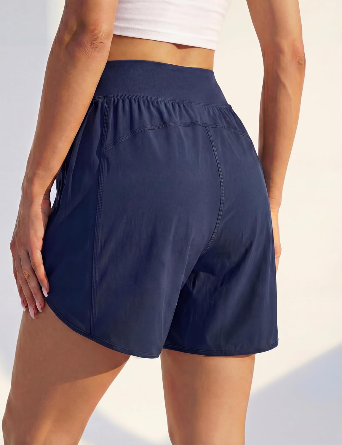 BMJL Women's 5" High Waisted Running Shorts with 2 Zipper Pockets, Tummy Control Athletic Workout Shorts for Gym, Travel, Casual(Medium,Navy Blue) image 2