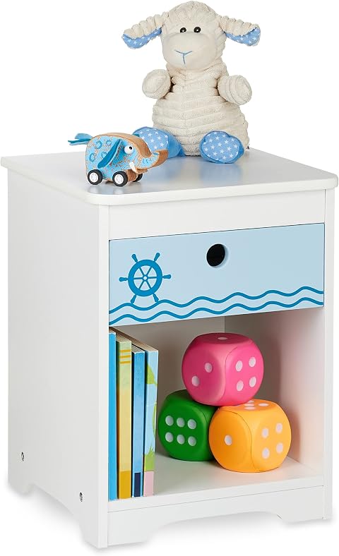 Relaxdays Comodino da Letto per Bambini, Design Mare, Cassetto e Scomparto, HLP 41x32x31 cm, Cameretta Bimbi, Bianco Blu
