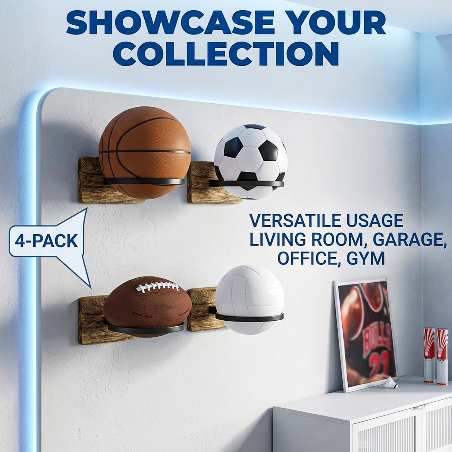 4 Pack Ball Wall Mount Storage Holder, Sports Ball Display Rack for Basketball, Football, Soccer, Volleyball, Wall-Mounted Ball Organizer for Sports Fans Collectible Display image 4