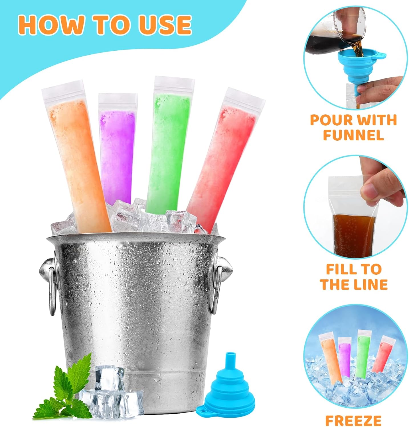 300 Disposable Ice Popsicle Mold Bags Comes With A Funnel, BPA Free Freezer Tubes, Healthy Snack Yogurt Stick Juice Fruit Smoothies Ice Freezing