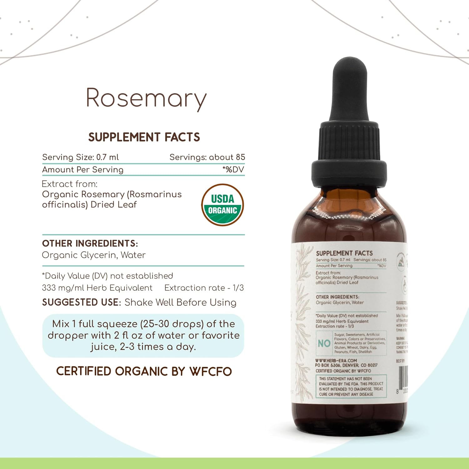 HerbEra Rosemary B60 USDA Organic Tincture | Alcohol-Free Extract, High-Potency Herbal Drops | Certified Organic Rosemary (Rosmarinus Officinalis) Dried Leaf (2 oz)