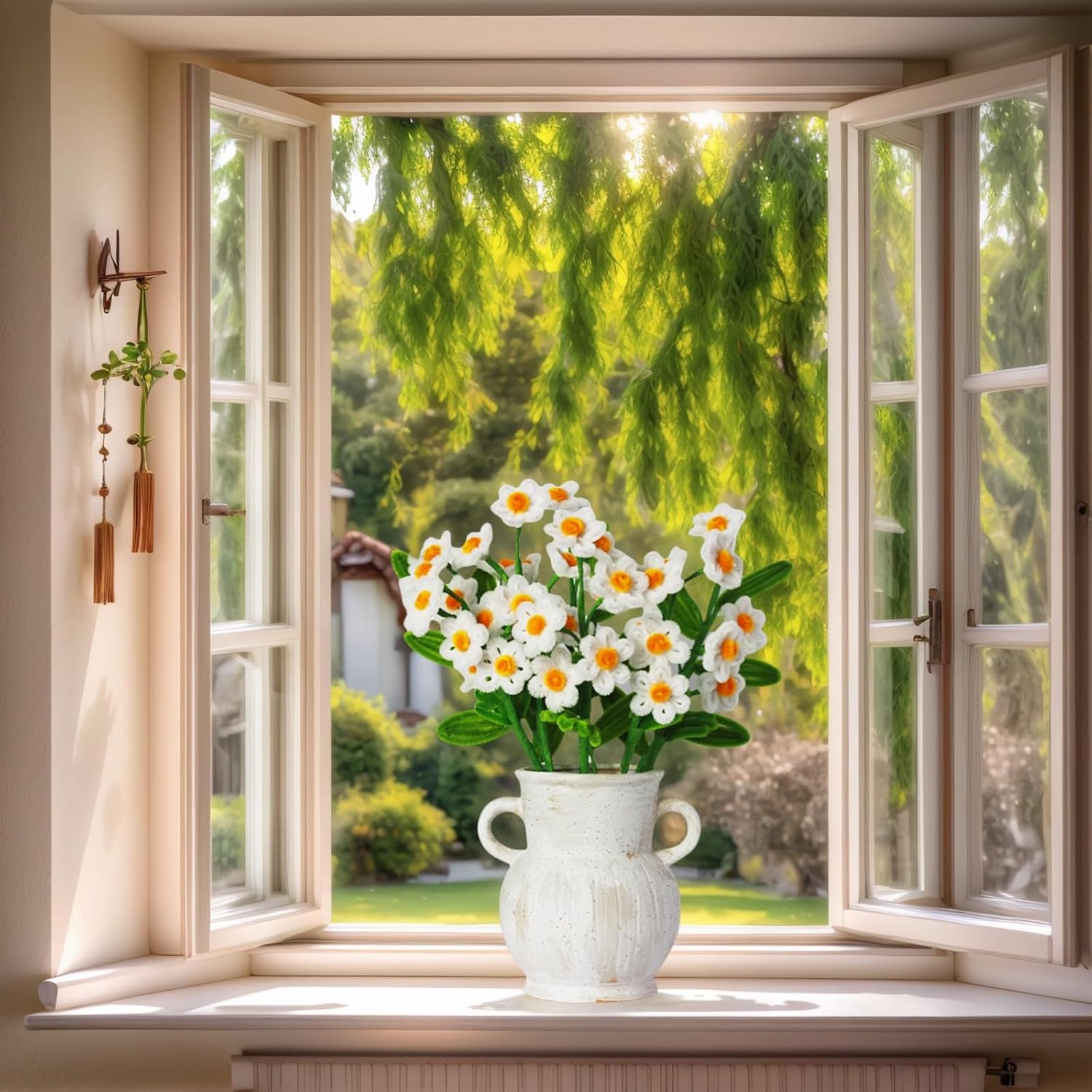 Handmade Daisy Flowers Completed Pipe Cleaner Artificial Bouquet - 8 Daisies with 3 Green Leaves, Home Decor, Faux Flower bulk for Table Livingroom Bedroom, GIft for Lover Friend Parents,11 PCS