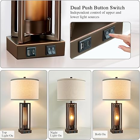 RORIANO Rustic Table Lamps for Living Room with USB C+A Ports, Farmhouse Vintage Nightstand Lamp with Amber Acrylic Night Light, Retro Desk Lamp for Bedroom Entryway Dorm, 2 Bulbs Included (Brown) photo 3