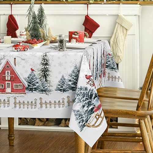 Miniatura 3 de Horaldaily Mantel de Navidad rectangular de 60 x 104 pulgadas, casa de muñeco de nieve de invierno, árboles de Navidad, mantel lavable para fiesta,