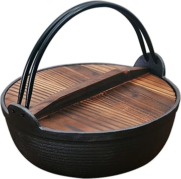 Cast Iron Japanese Sukiyaki Hot Pot, Nonstick Dual Handle Japanese Cast Iron Stew Pot with Wooden Lid, Commercial Camping Cooking Nabe Shabu Pot for BBQ Picnic Camping,3L