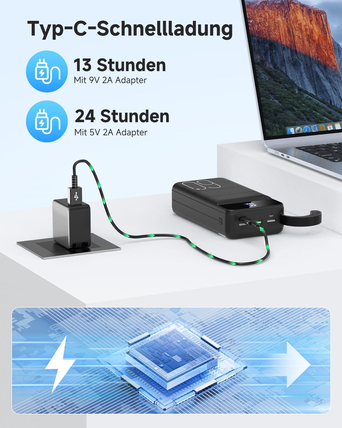 60000mAh Power Bank, 22,5W Powerbank USB-C Schnellladefunktion Externe Akku mit 4 Ausgänge und 2 Eingänge, kompatibel mit Smartphone, Tablets, Tablet usw Schwarz