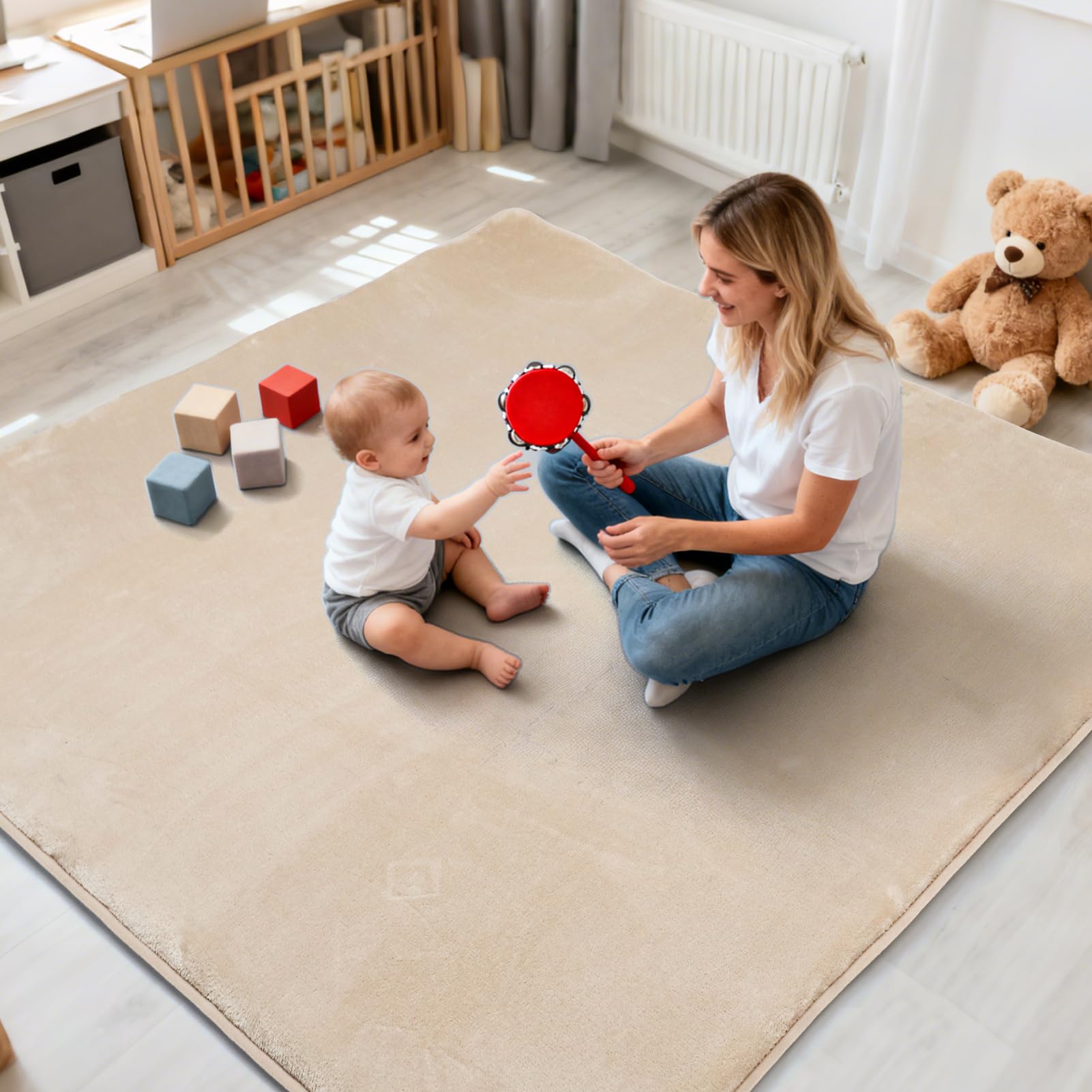 Wdmiya 200x150cm Krabbelmatte Baby, 3cm Dicke Spielmatte, Weicher Teppich Kinderzimmer mit Rutschfester Unterseite, kann als Kinderteppich, Spielteppich, Couchtischmatte, Yogamatte, Beige