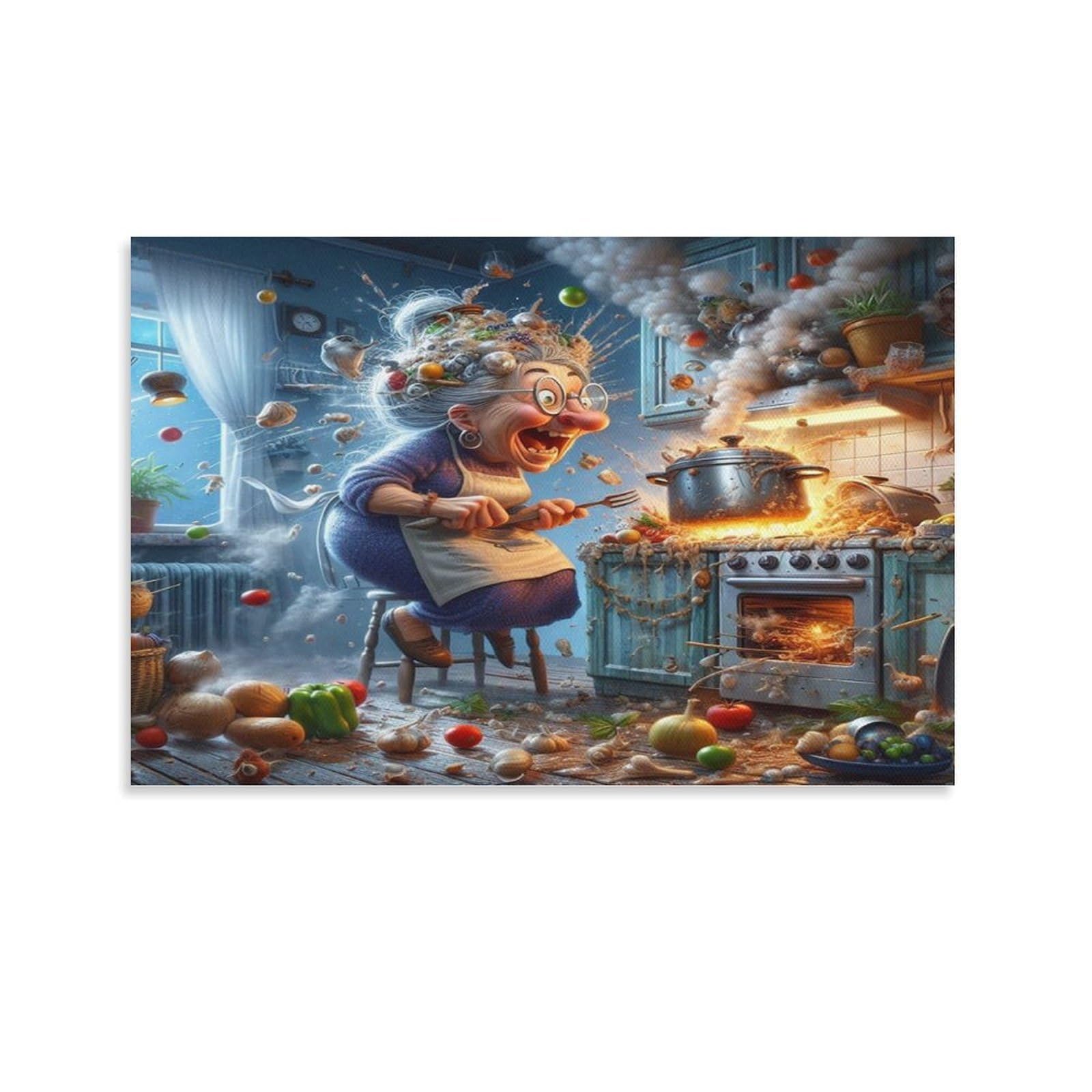 CPLVKWRQJ Crazy Chef Chaos Single Granny Messy Kitchen Canvas Wall Art - Fade Resistant Ready to Hang Living Room Focal Point Wall Decor 12x18inch(30x45cm)