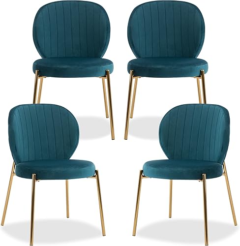 Miniatura 13 de DAGONHIL Juego de 4 sillas de comedor, sillas de terciopelo amarillo, sillas tapizadas modernas de mediados de siglo con patas de metal dorado para