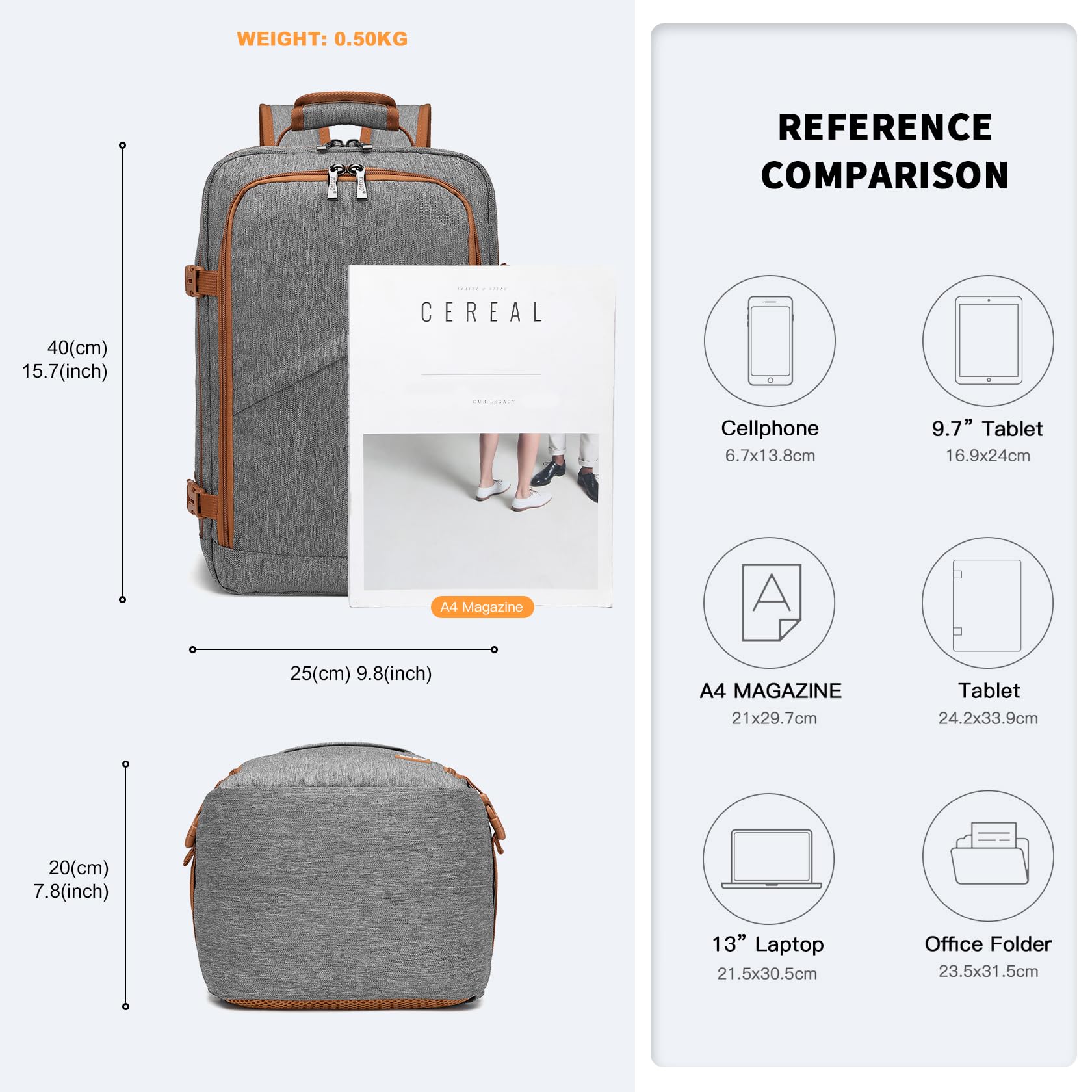 KONO Zaino Ryanair 40x20x25 Zaino da Viaggio per Aereo Bagaglio a Mano per Sotto il Sedile Borsa per Ryanair, Grigio/Marrone
