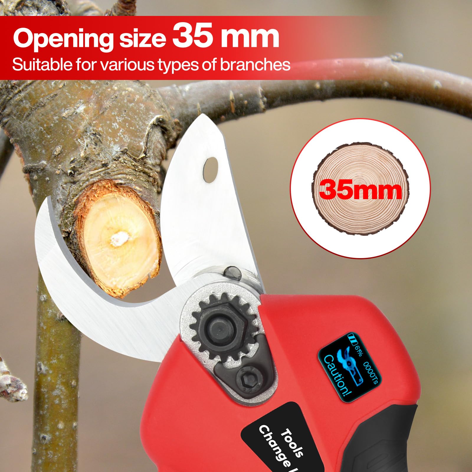 Forbici Potatura Elettriche Leggere - 35mm Cesoie Potatura Elettriche Professionali con 2 Batterie 2000mAh, Display LED, Forbice potatura a Batteria per Potatura Giardino, Olivo, Ulivo, vigneti