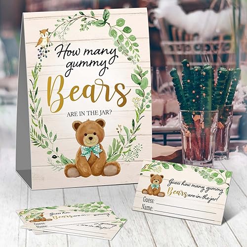 Miniatura 2 de Cartel de How Many Gummy Bears, juego de decoración de madera rústica de eucalipto para bebé (1 cartel + 50 tarjetas), cumpleaños, Navidad,