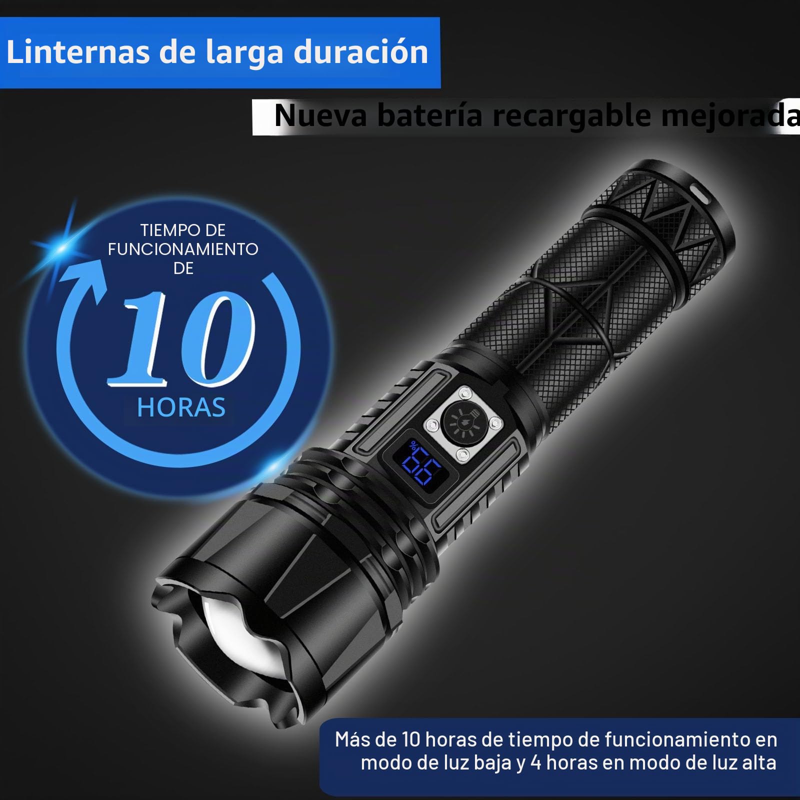 JAY-PARK Linterna LED recargable de 10000 lúmenes, linterna súper brillante con pantalla de alimentación digital y zoom, linternas de alto lúmenes recargables para camping, exteriores