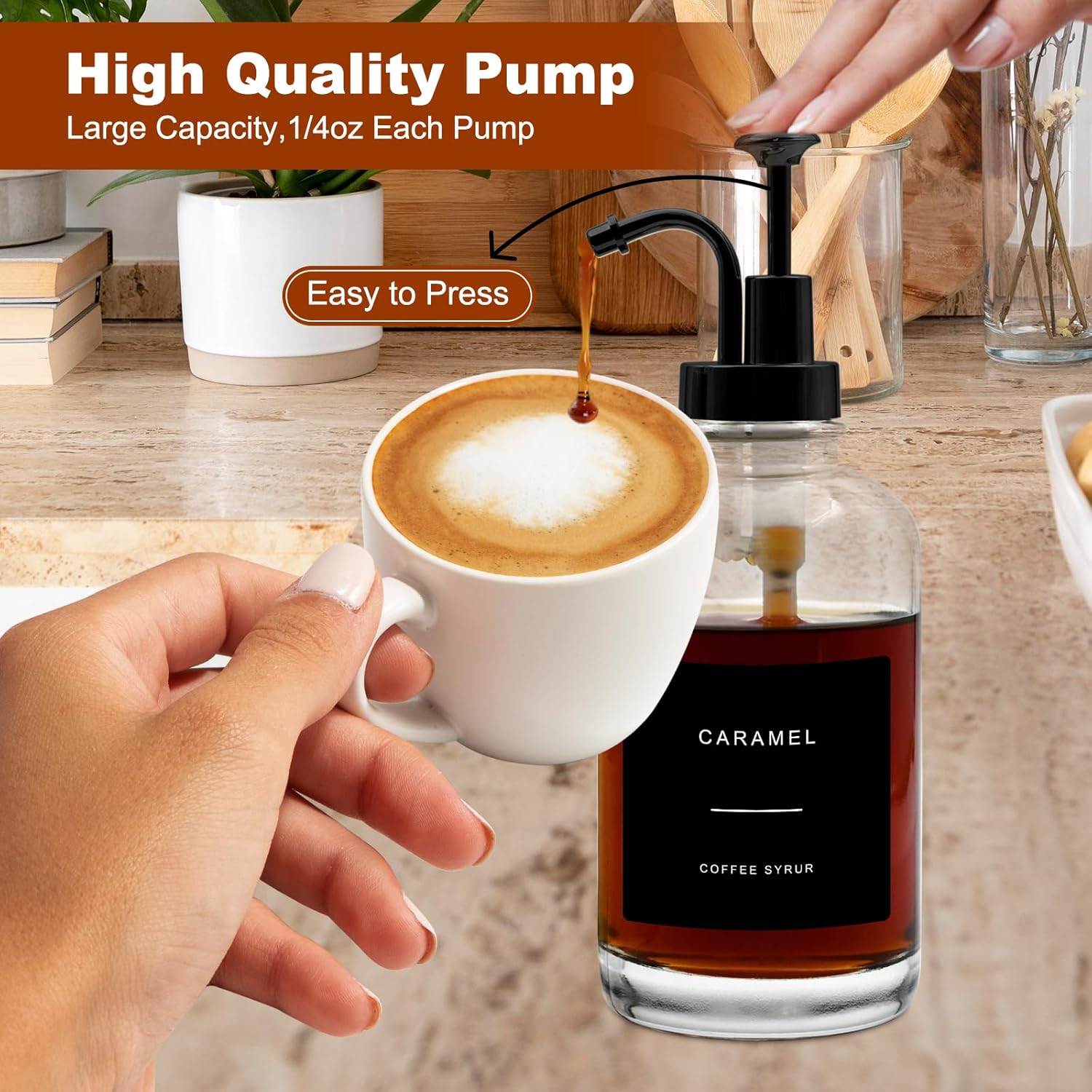 4-Pack Coffee Syrup Dispenser for Coffee Bar, 16.9 oz 500 ml Glass Syrup Bottle with 36 Labels, Syrup Pump Dispenser for Coffee Bar(Black Pump)
