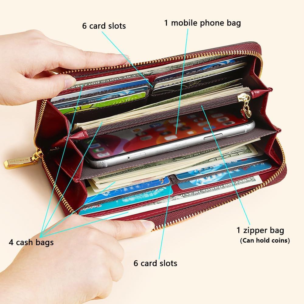 Fashion RFID Leather Wallet - Women's Hand-Held Bag, Credit Card Clip Bag, Long Capacity Coin Purse, Zipper Multi Card Slot Wallet (Wine Red) - Image 2