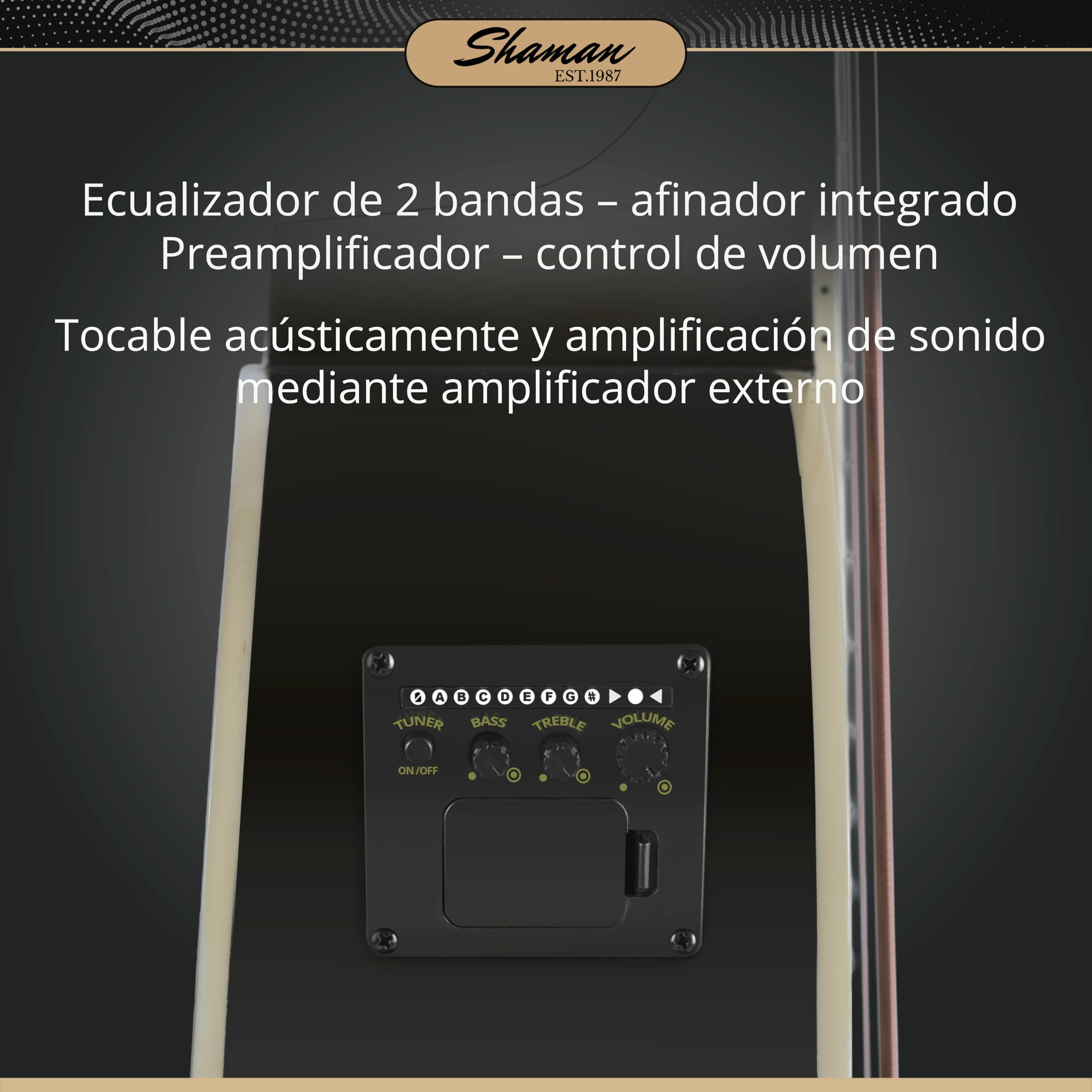 Shaman AB4-50CE-BK Bajo Acústico Negro, General, Modell: AB4-50CE-BK | Gewicht: 2, 8 kg, Anzahl Saiten: 4, Orientierung: Para diestros, Korpus, Korpusform: Jumbo con Cutaway, Decke: Abeto, Hals