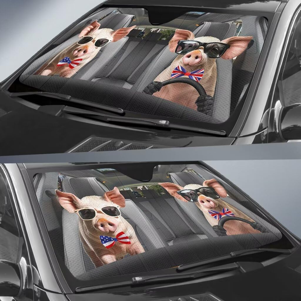 Pig Driver Car Sun Shade Family Auto Front Window Windshield Animal Car Sunshade Anti-Sunlight Automotive Cover Block for Car SUV Pickup Truck UV Rays(57x27.5 Inches)