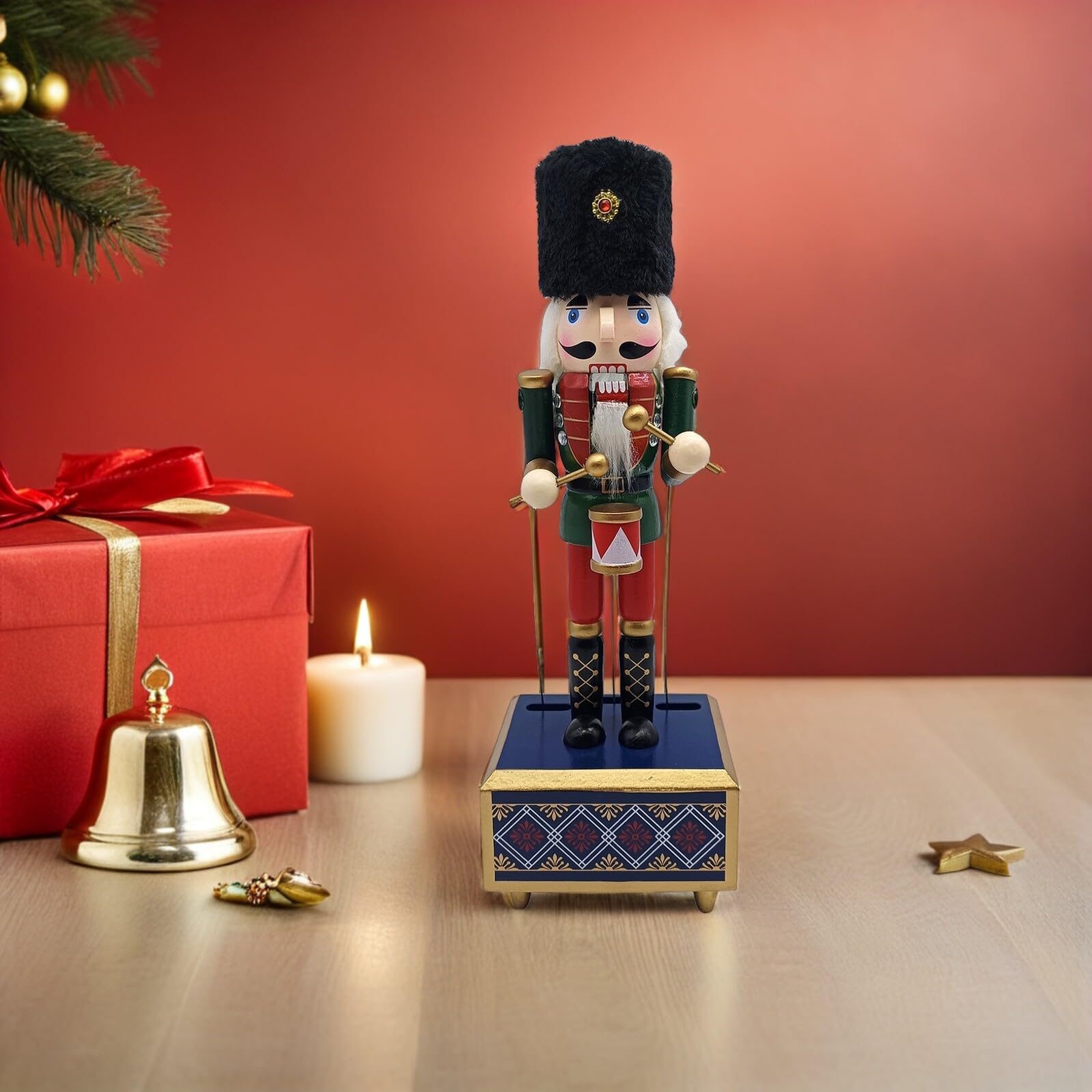Boîte à Musique Casse-Noisette Bois avec Mécanisme à Remonter Décoration Festive de Noël Figurine Soldat Musicale Bois pour Ambiance Chaleureuse