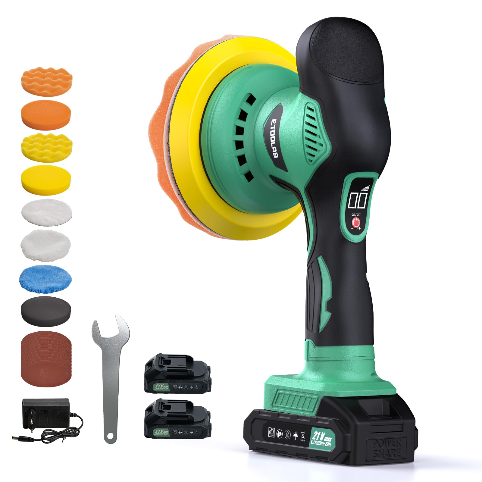 ETOOLAB Poliermaschine Auto Akku, Poliermaschine Auto Set 22 pcs, Exzenter poliermaschinen mit 2 * 2.0Ah 21V Batterie, 8 variable Geschwindigkeit, für die Autodetailing, Scheinwerfer Aufbereitung Set