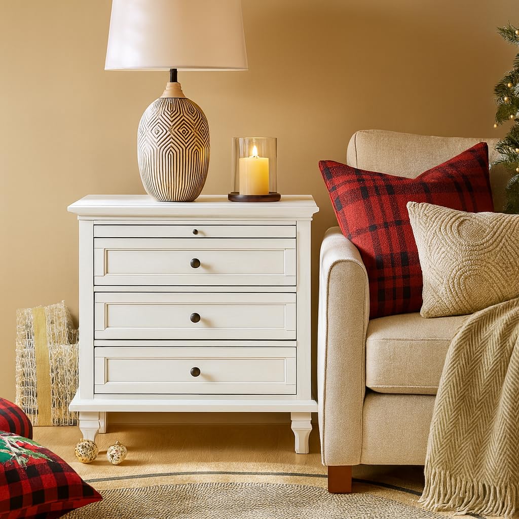 HULALA HOME Farmhouse 3 Drawer End Table with Tray, Drawer Organizer with Solid Wood Legs, End Table with Charging Station（White）