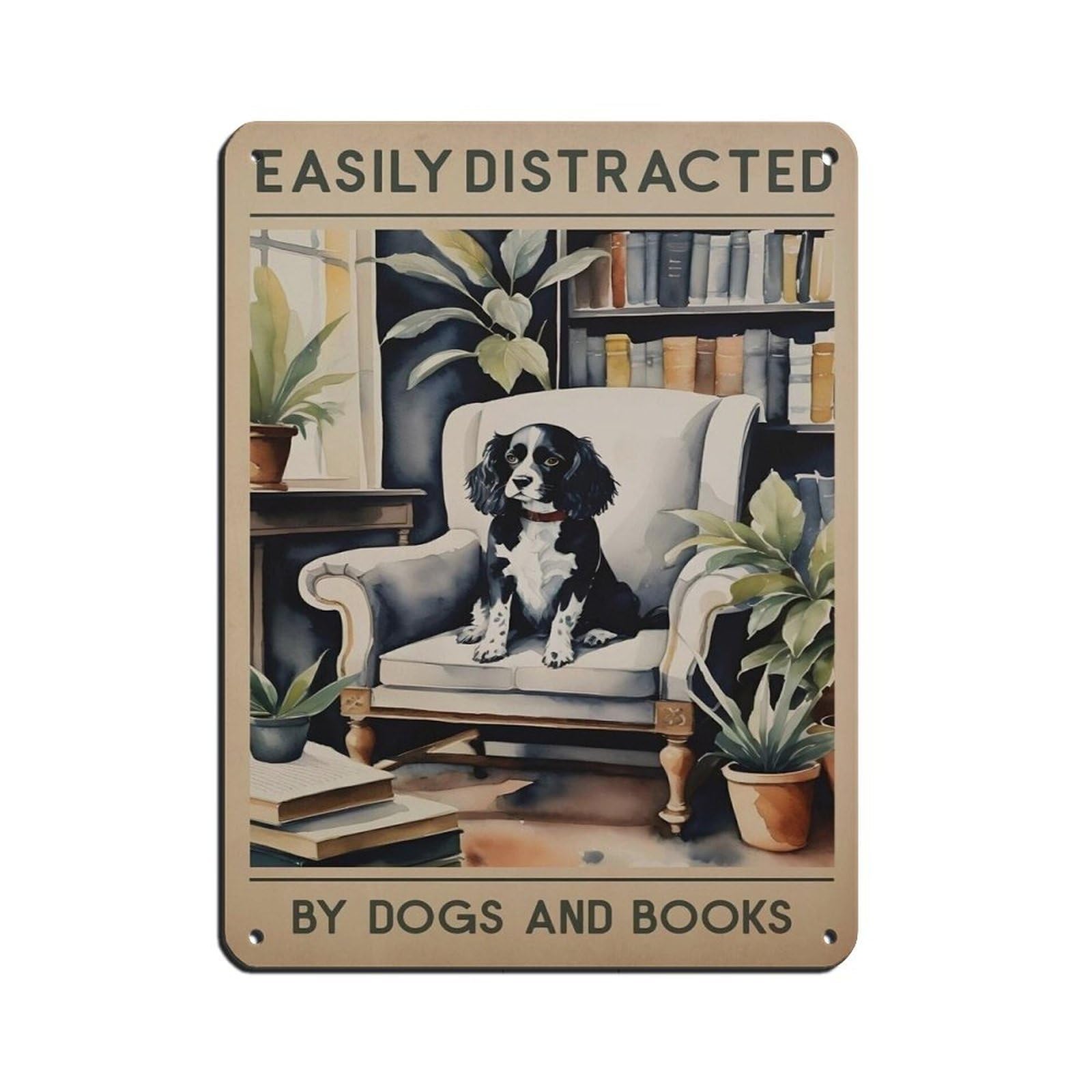 Dog And Books Poster, Spaniel Dog Tin Sign Vintage Metal Pub Club Cafe Bar Home Wall Art Decoration Poster Retro 12x16inch(30x40cm)