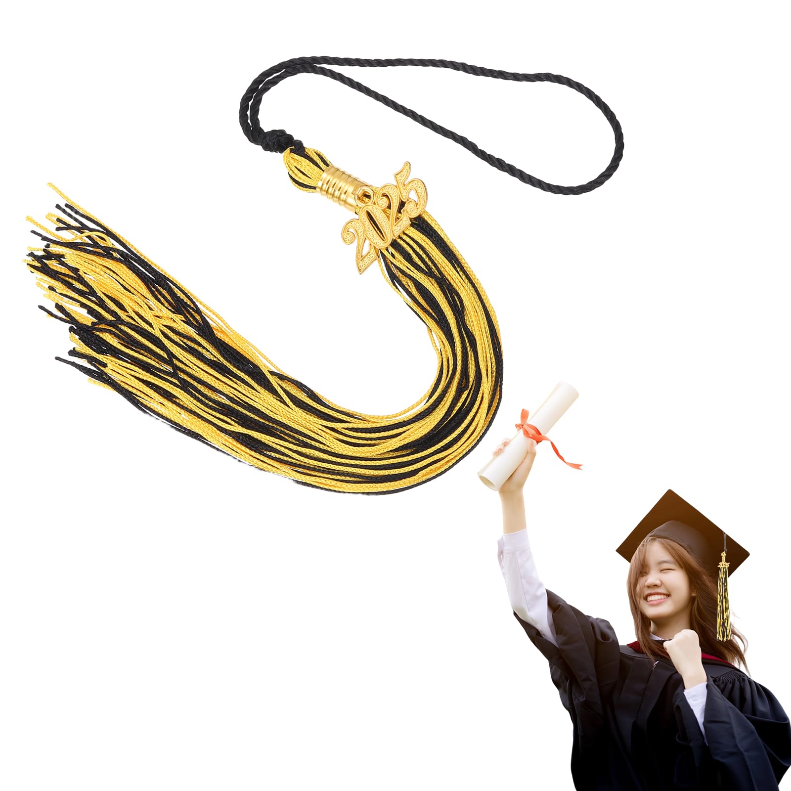 MECCANIXITY Graduation Tassel 2025, Yellow Black Tassels with 2025 Year Gold Date Charms Academic Graduation Charm Cap Decorations Party Decorations