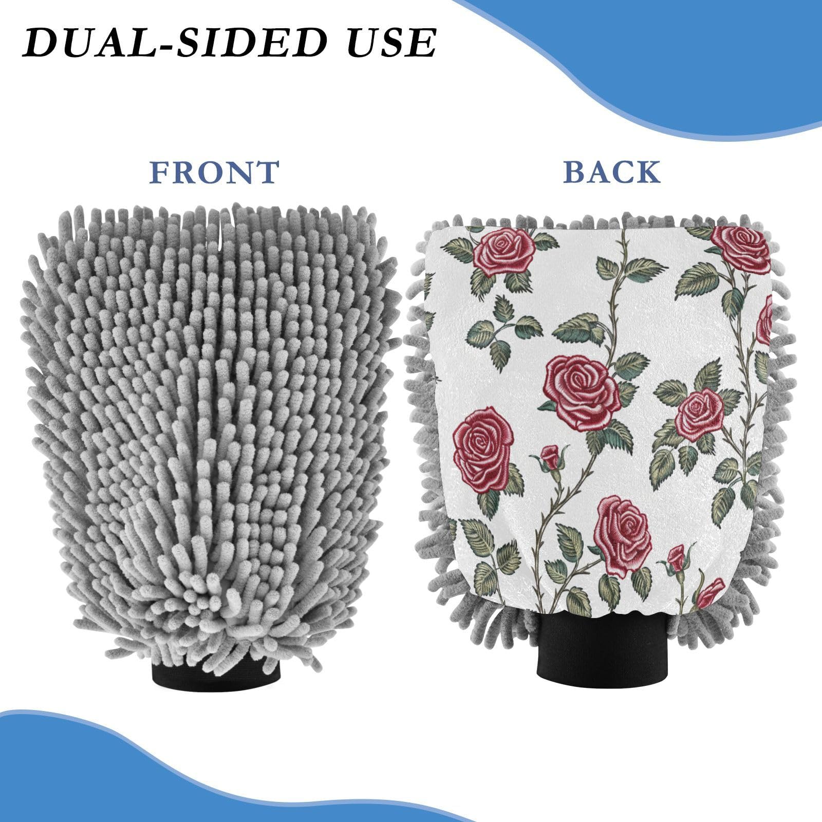 ALAZA Retro Rose Flowers Car Wash Mitt Scratch Free, 2 Pack Absorbent Microfiber/Chenille Washing & Drying Mitts, L