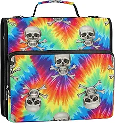 Crânio ossos cruzados, arco-íris, tie dye, fichários de 3,5 polegadas, 3 anéis, organizador de fichário resistente, bolsa de fichário para ensino médio com alça, portfólio divertido, comporta 500