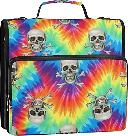 Crânio ossos cruzados, arco-íris, tie dye, fichários de 3,5 polegadas, 3 anéis, organizador de fichário resistente, bolsa de fichário para ensino médio com alça, portfólio divertido, comporta 500