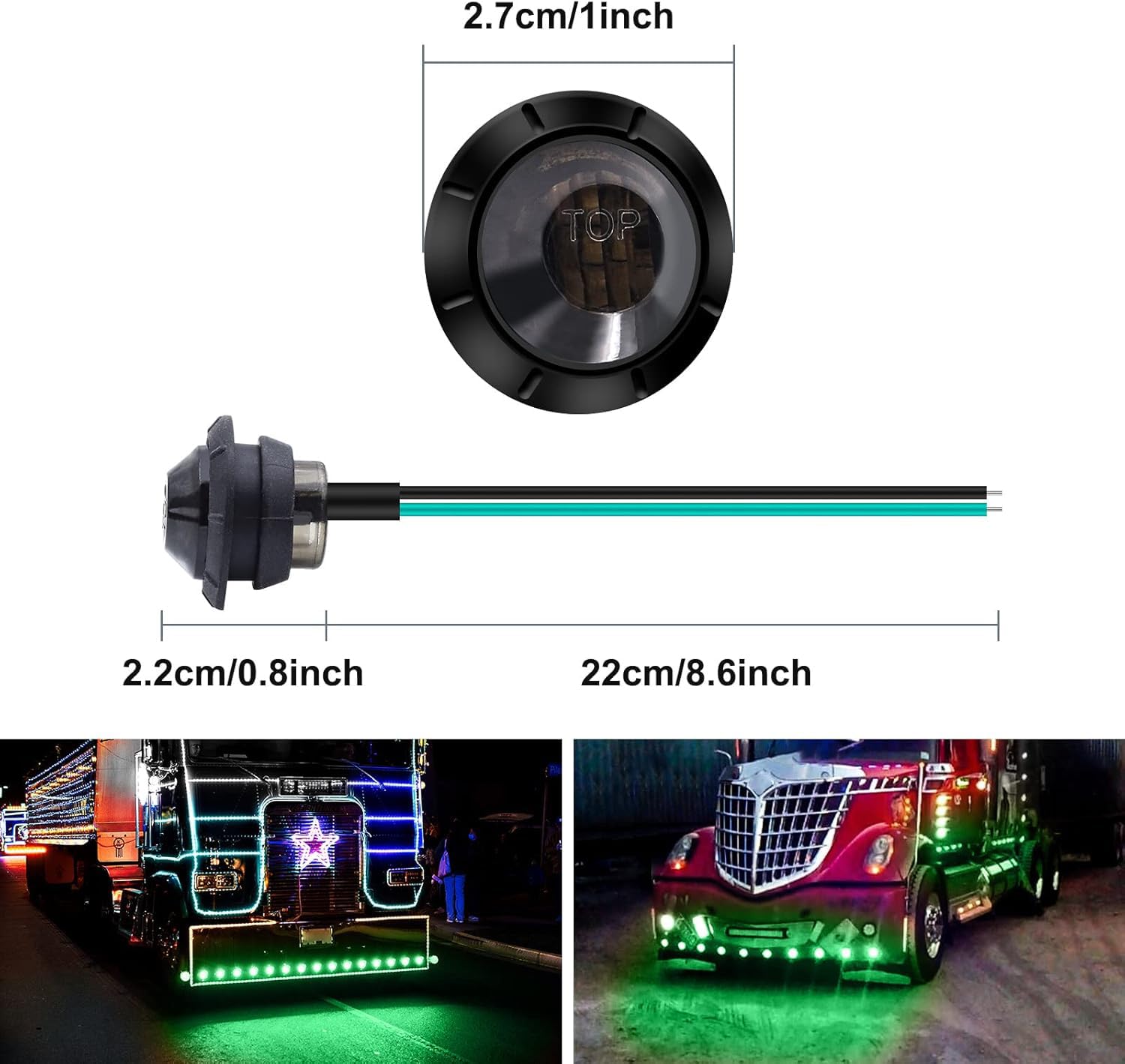 10PCS Luci di posizione laterali 12V Rotonde 3 LED Luci di posizione per camion con rimorchio 3/4" Spie di indicatore di lenti fumogene per auto, autobus, furgoni, camion (verde)
