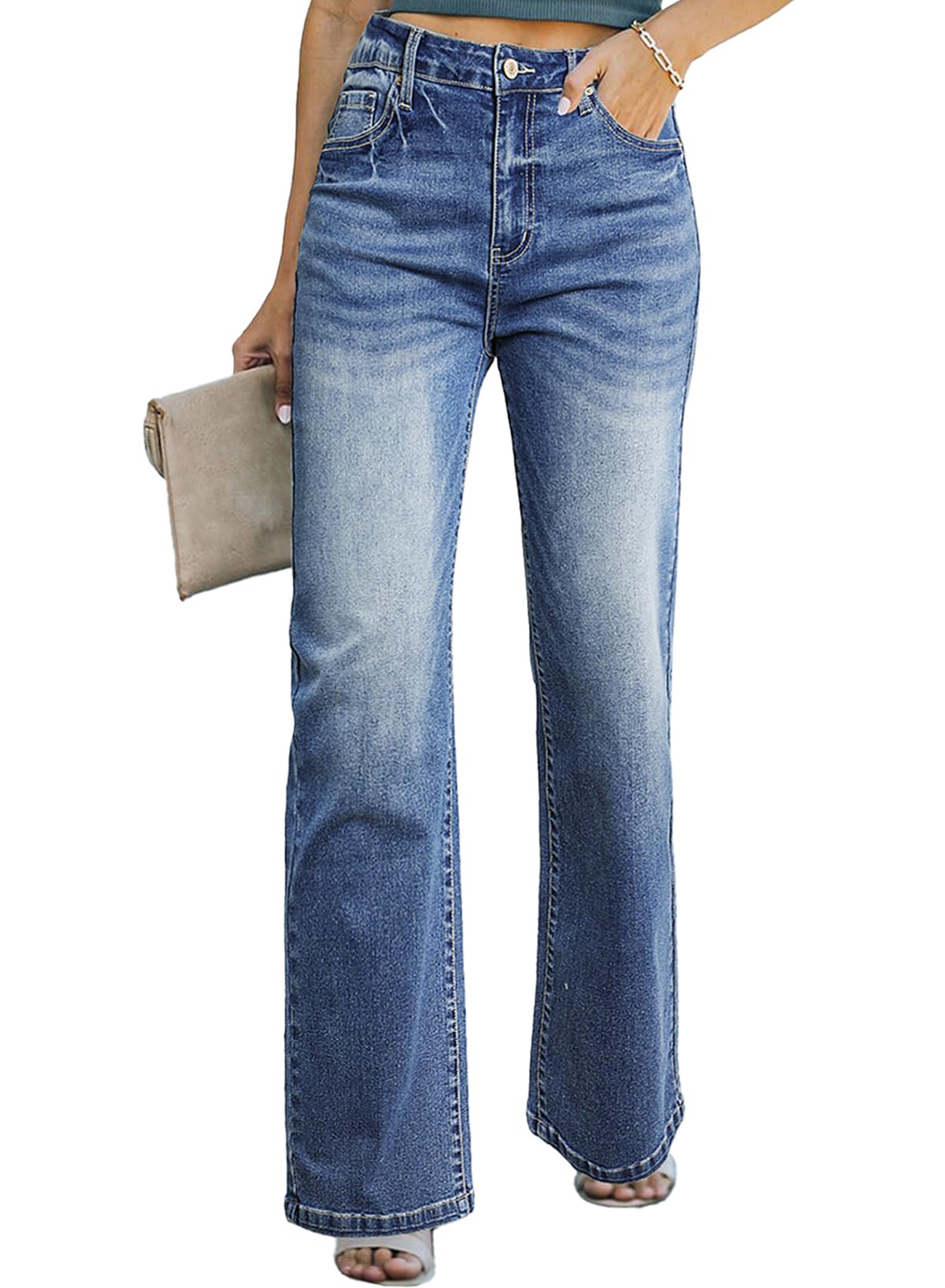 Sidefeel Women's Wide Leg Jeans Casual High Waisted Straight Stretch Denim Pants with Pockets