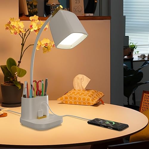 Lámpara de escritorio LED con puerto de carga USB y soporte para bolígrafo, luz de lectura regulable, pequeña lámpara de mesa táctil para mesita de