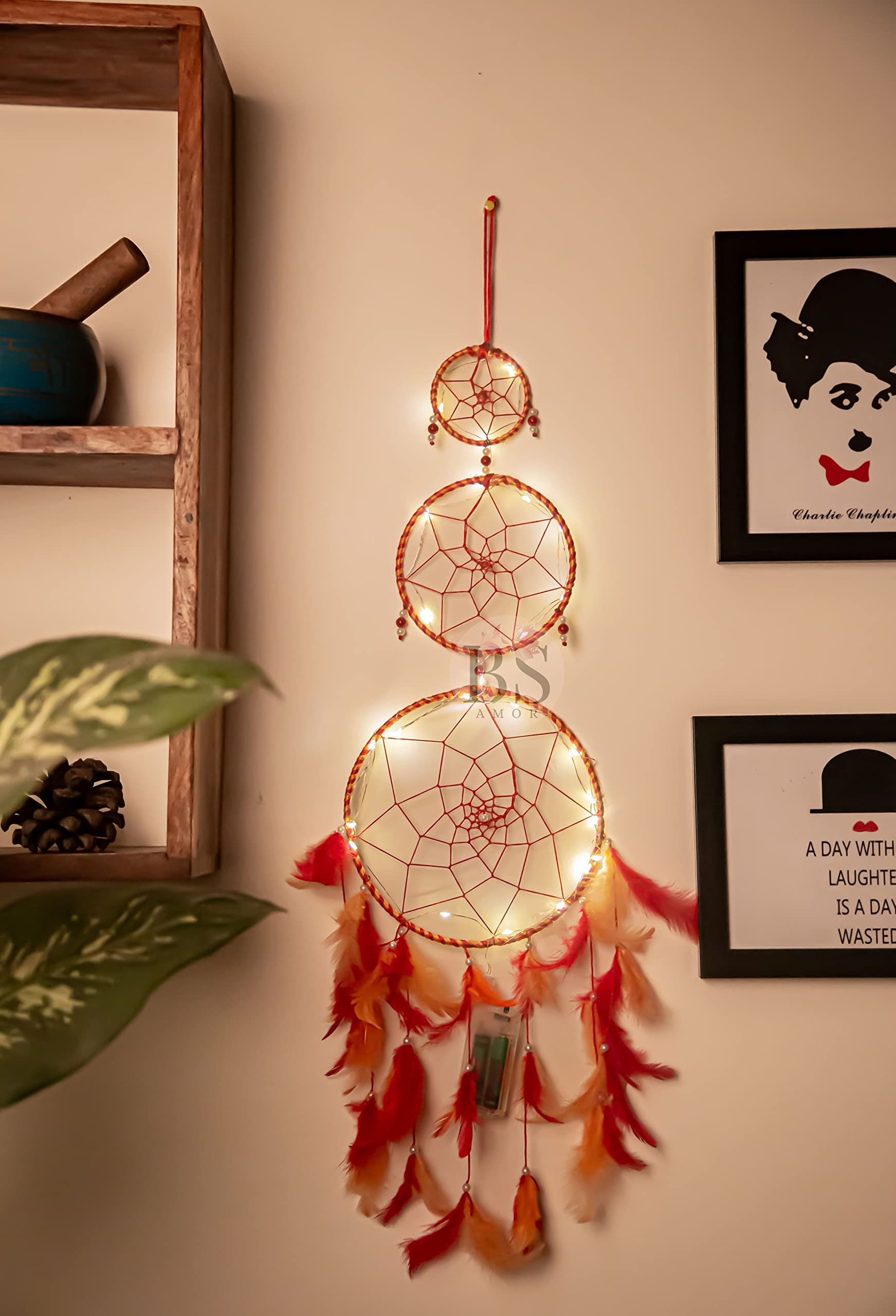 BS AMOR Dream Catcher with Lights, Wall Hangings, Crafts, Home Décor, Handmade for Bedroom, Balcony, Garden, Party, Café, Decoration, Wedding, Decorative, Orange Red Feathers (17 cm Diameter)-image-21