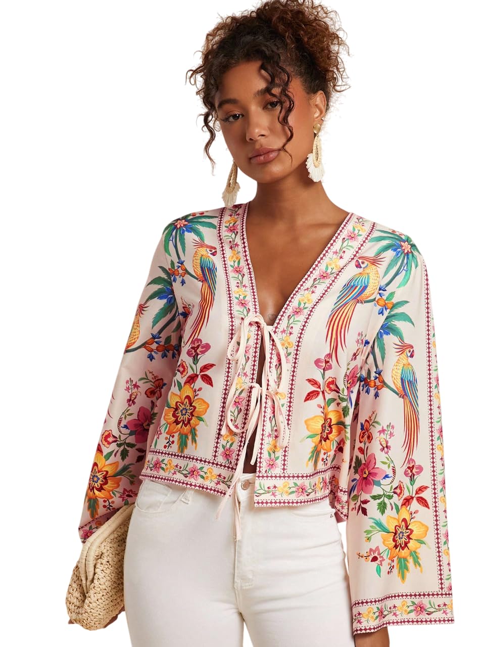 Women’s Boho Floral & Bird Print Kimono Jacket – Lightweight Tie-Front Open Front Cardigan with Bell Sleeves | Multicolor Summer Casual Layering Top