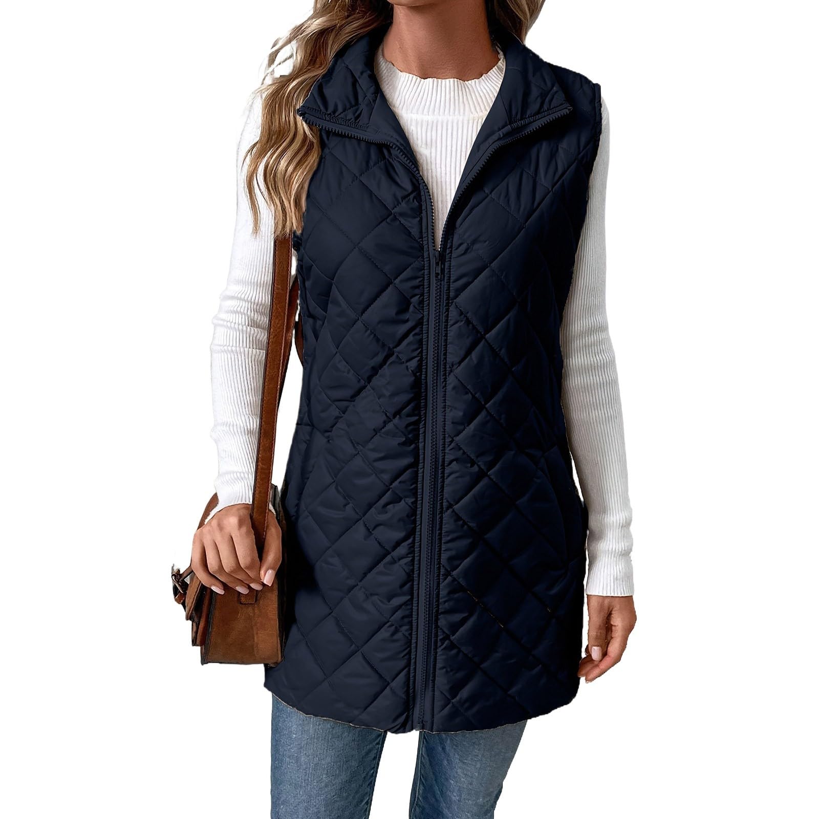 Steppweste Damen Mittellang Winter Leichte Weste Casual Ärmellos Winterjacke Warm Daunenweste Reissverschluss Steppweste Frauen Stehkragen Outdoorweste Winterweste Übergangsweste Mit Taschen