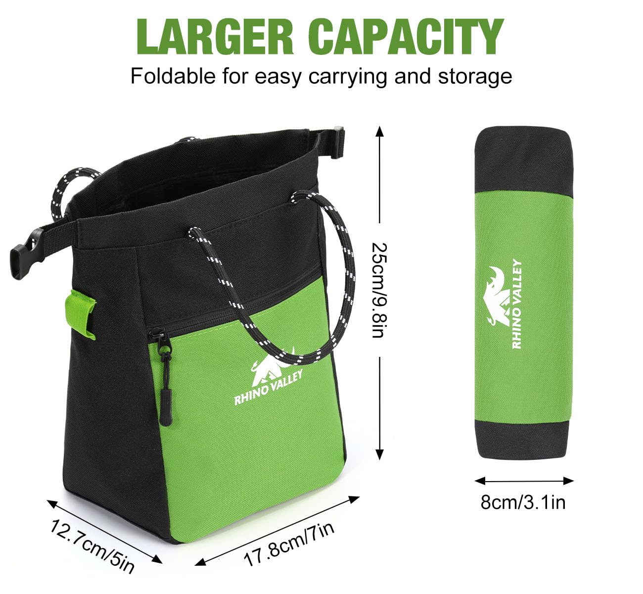 Rhino Valley Torba na Magnezję do Wspinaczki i Boulderingu (Chalk Bag)–Paskiem Regulowanym, Kieszeń na Zamek, Szerokie Otwarcie, Torba na Kredę Boulder, Gimnastyki i Fitness, Czarny/Zielony