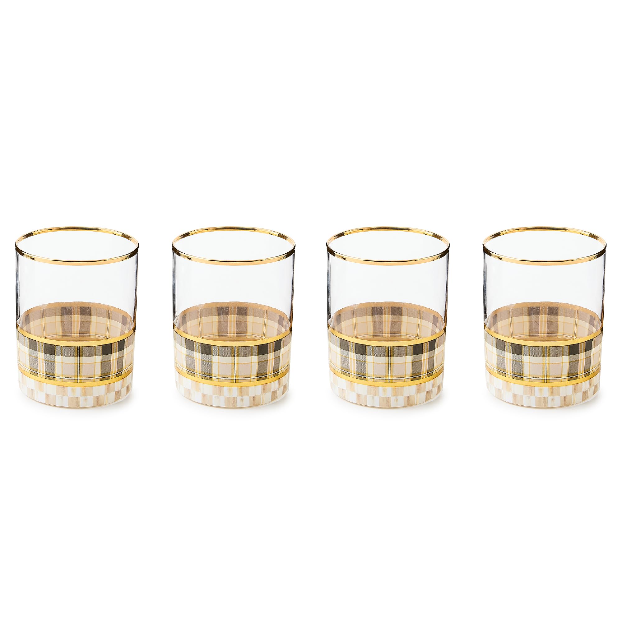 MACKENZIE-CHILDS Set of 4 Tumbler Glasses, Glass Drinkware with Gold Rims, 12 Ounces, Brown-and-White Tartan Mocha